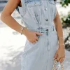 Outlet Dear-Lover Acid Wash Flap Pockets Frayed Denim Dress Light Blue