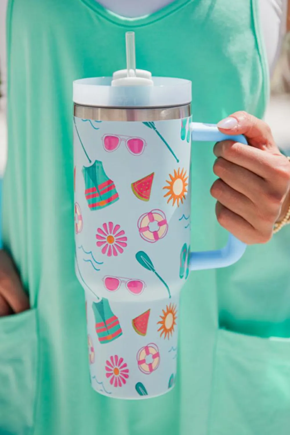 Hot Dear-Lover Beach Day Fun Pattern Cup with Handle 40oz Light Blue