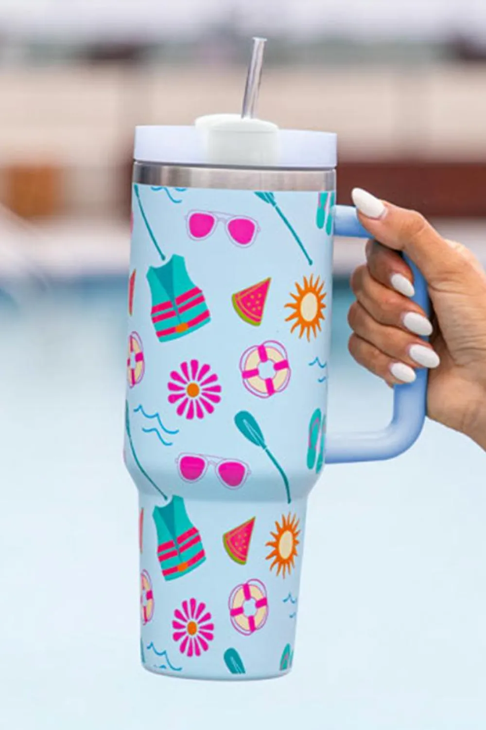 Hot Dear-Lover Beach Day Fun Pattern Cup with Handle 40oz Light Blue