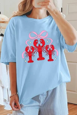 Outlet Dear-Lover Bow Crawfish Printed Relaxed Fit T Shirt Light Blue
