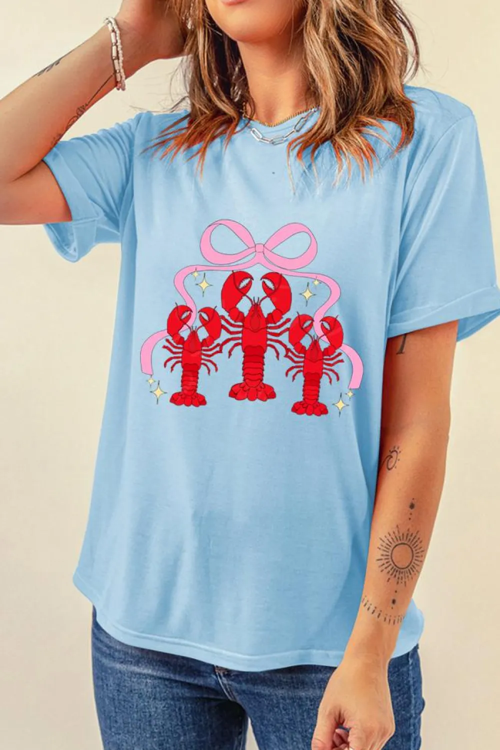 Outlet Dear-Lover Bow Crawfish Printed Relaxed Fit T Shirt Light Blue