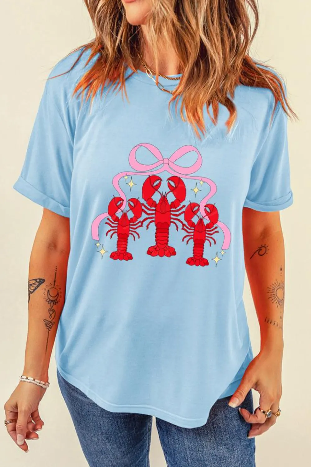 Outlet Dear-Lover Bow Crawfish Printed Relaxed Fit T Shirt Light Blue