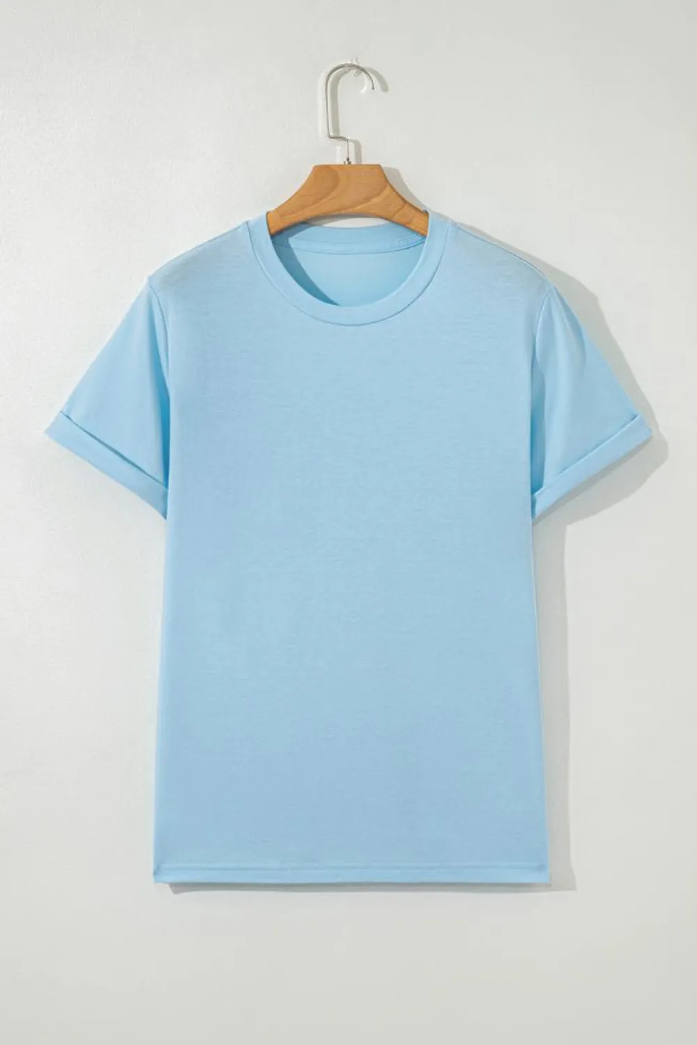 Fashion Dear-Lover Bright Casual Plain Crew Neck Tee Light Blue