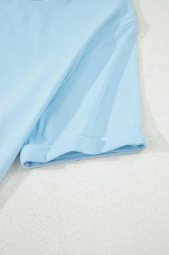 Fashion Dear-Lover Bright Casual Plain Crew Neck Tee Light Blue