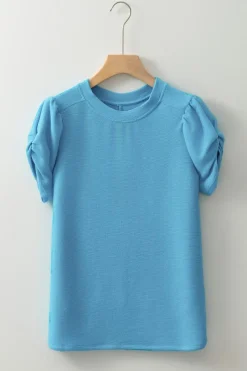 Outlet Dear-Lover Bubble Sleeve Solid Color Elegant T-Shirt Light Blue