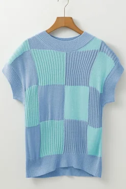 Online Dear-Lover Checkered Color Block Crew Neck Short Sleeve Sweater Light Blue