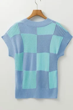 Online Dear-Lover Checkered Color Block Crew Neck Short Sleeve Sweater Light Blue