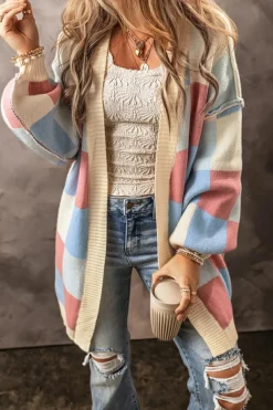 New Dear-Lover Checkered Drop Shoulder Exposed Seam Open Front Cardigan Light Blue