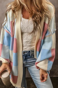 New Dear-Lover Checkered Drop Shoulder Exposed Seam Open Front Cardigan Light Blue