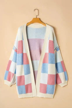 New Dear-Lover Checkered Drop Shoulder Exposed Seam Open Front Cardigan Light Blue
