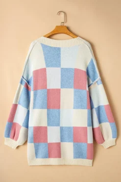 New Dear-Lover Checkered Drop Shoulder Exposed Seam Open Front Cardigan Light Blue
