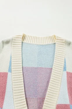 New Dear-Lover Checkered Drop Shoulder Exposed Seam Open Front Cardigan Light Blue