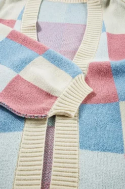New Dear-Lover Checkered Drop Shoulder Exposed Seam Open Front Cardigan Light Blue