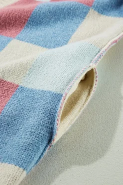 New Dear-Lover Checkered Drop Shoulder Exposed Seam Open Front Cardigan Light Blue