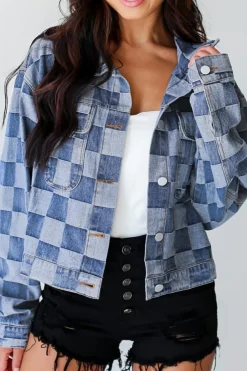Discount Dear-Lover Checkered Patchwork Button up Denim Jacket Light Blue