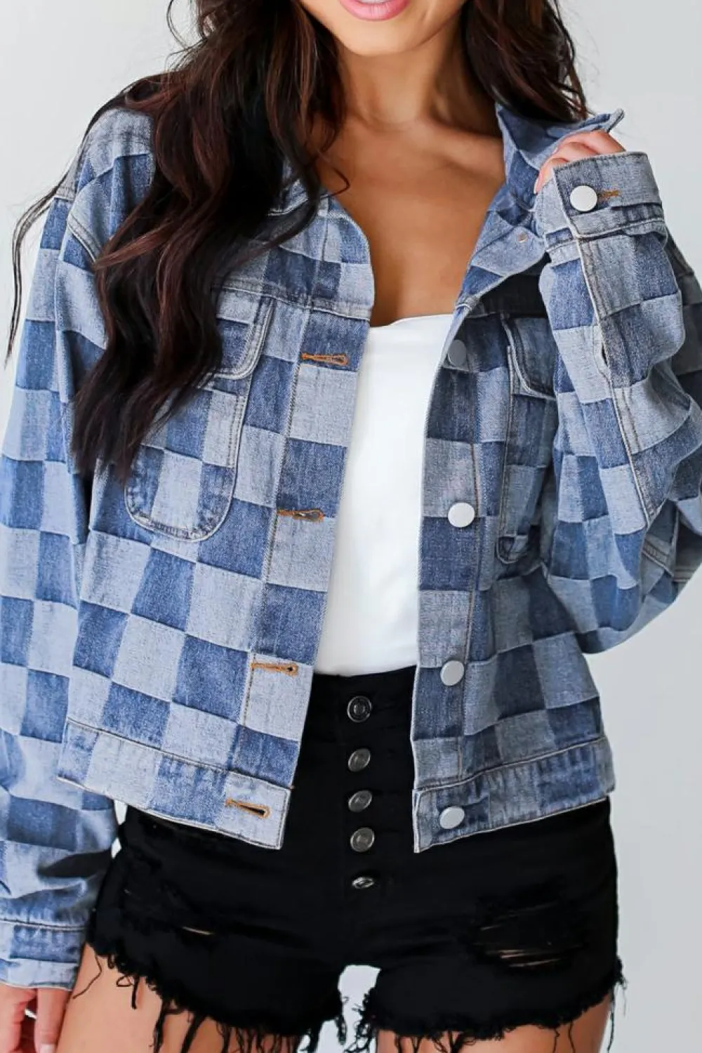 Discount Dear-Lover Checkered Patchwork Button up Denim Jacket Light Blue