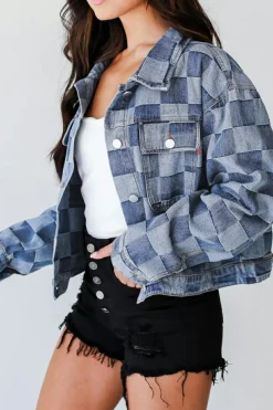 Discount Dear-Lover Checkered Patchwork Button up Denim Jacket Light Blue