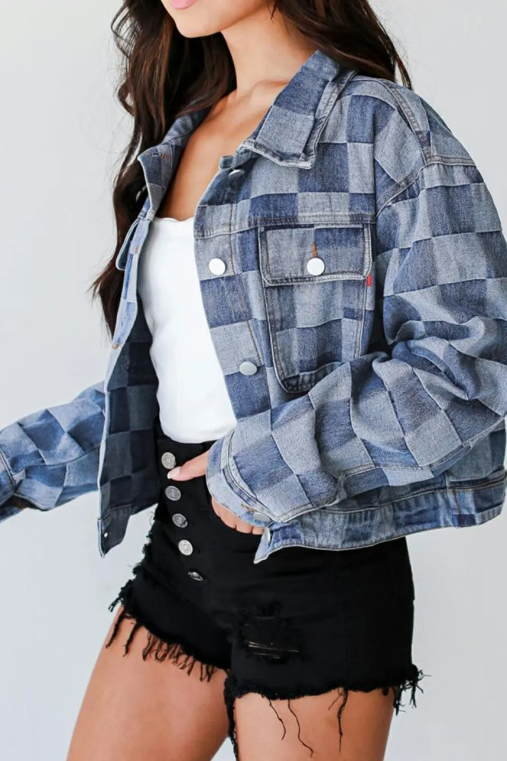 Discount Dear-Lover Checkered Patchwork Button up Denim Jacket Light Blue