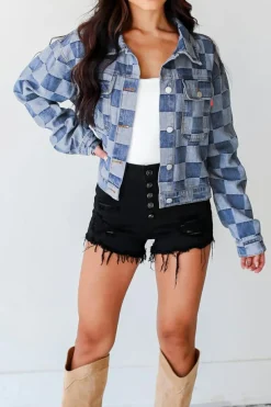 Discount Dear-Lover Checkered Patchwork Button up Denim Jacket Light Blue