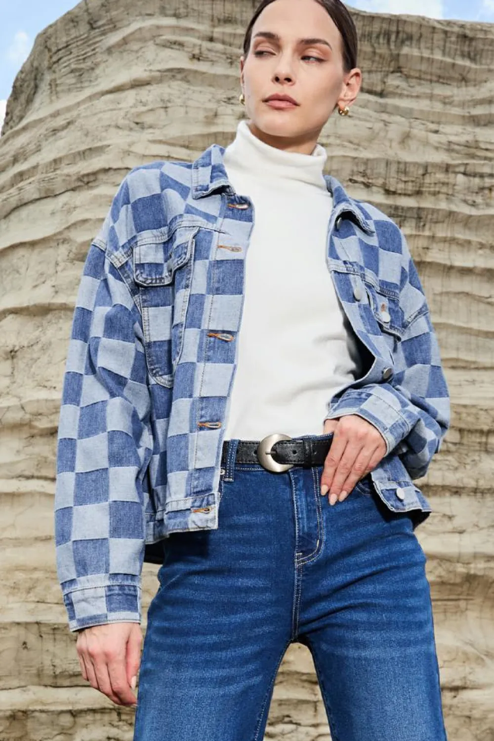 Discount Dear-Lover Checkered Patchwork Button up Denim Jacket Light Blue