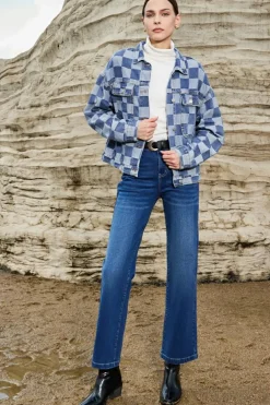 Discount Dear-Lover Checkered Patchwork Button up Denim Jacket Light Blue