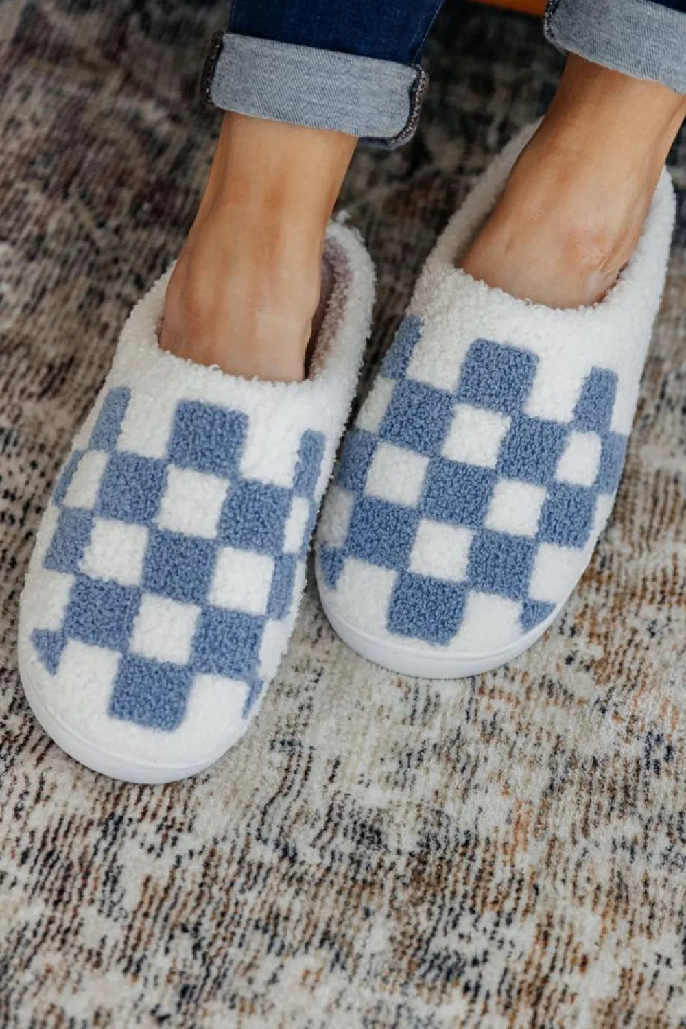 Clearance Dear-Lover Checkered Print Fuzzy Slip On Winter Slippers Light Blue