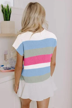 Clearance Dear-Lover Color Block Notch V Neck Sweater T Shirt Light Blue