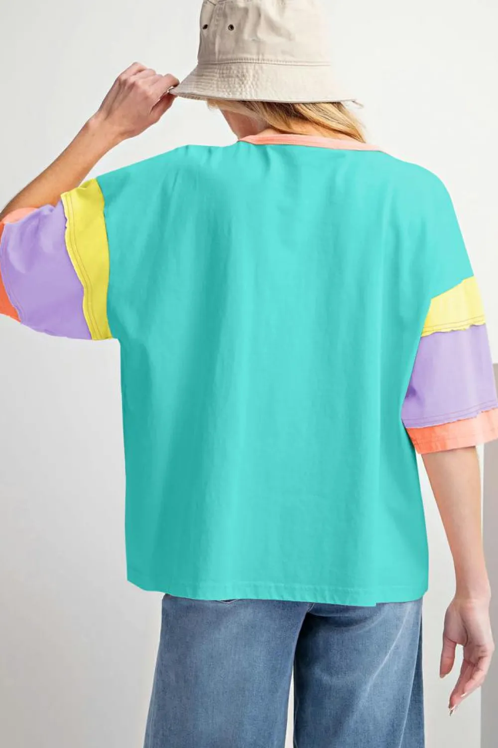 Clearance Dear-Lover Color Block Stitching Sleeve Round Neck Oversize Top Light Blue