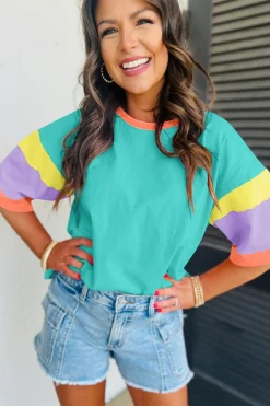 Clearance Dear-Lover Color Block Stitching Sleeve Round Neck Oversize Top Light Blue