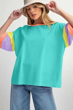 Clearance Dear-Lover Color Block Stitching Sleeve Round Neck Oversize Top Light Blue