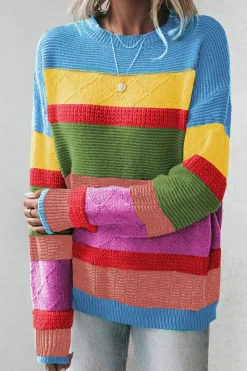 Fashion Dear-Lover Colorblock Mixed Textured Drop Shoulder Sweater Light Blue