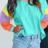 New Dear-Lover Colorblock Patchwork Long Sleeve Loose Top Light Blue