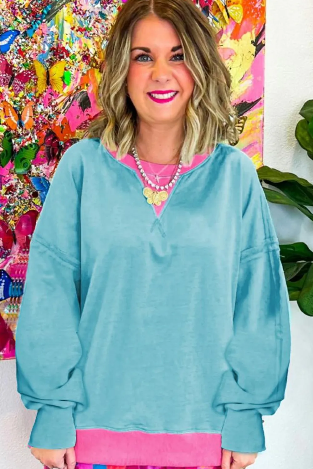 Outlet Dear-Lover Colorblock Patchwork Crew Neck Loose Sweatshirt Light Blue