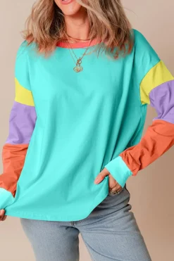 New Dear-Lover Colorblock Patchwork Long Sleeve Loose Top Light Blue