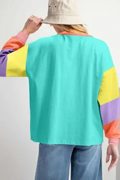 New Dear-Lover Colorblock Patchwork Long Sleeve Loose Top Light Blue