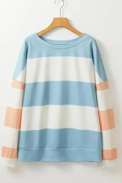 New Dear-Lover Colorblock Striped Drop Shoulder Long Sleeve Top Light Blue
