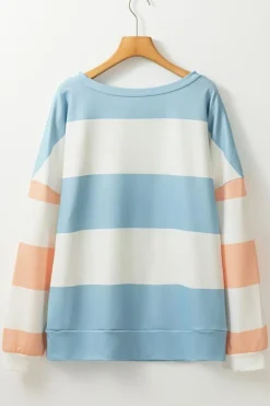 New Dear-Lover Colorblock Striped Drop Shoulder Long Sleeve Top Light Blue