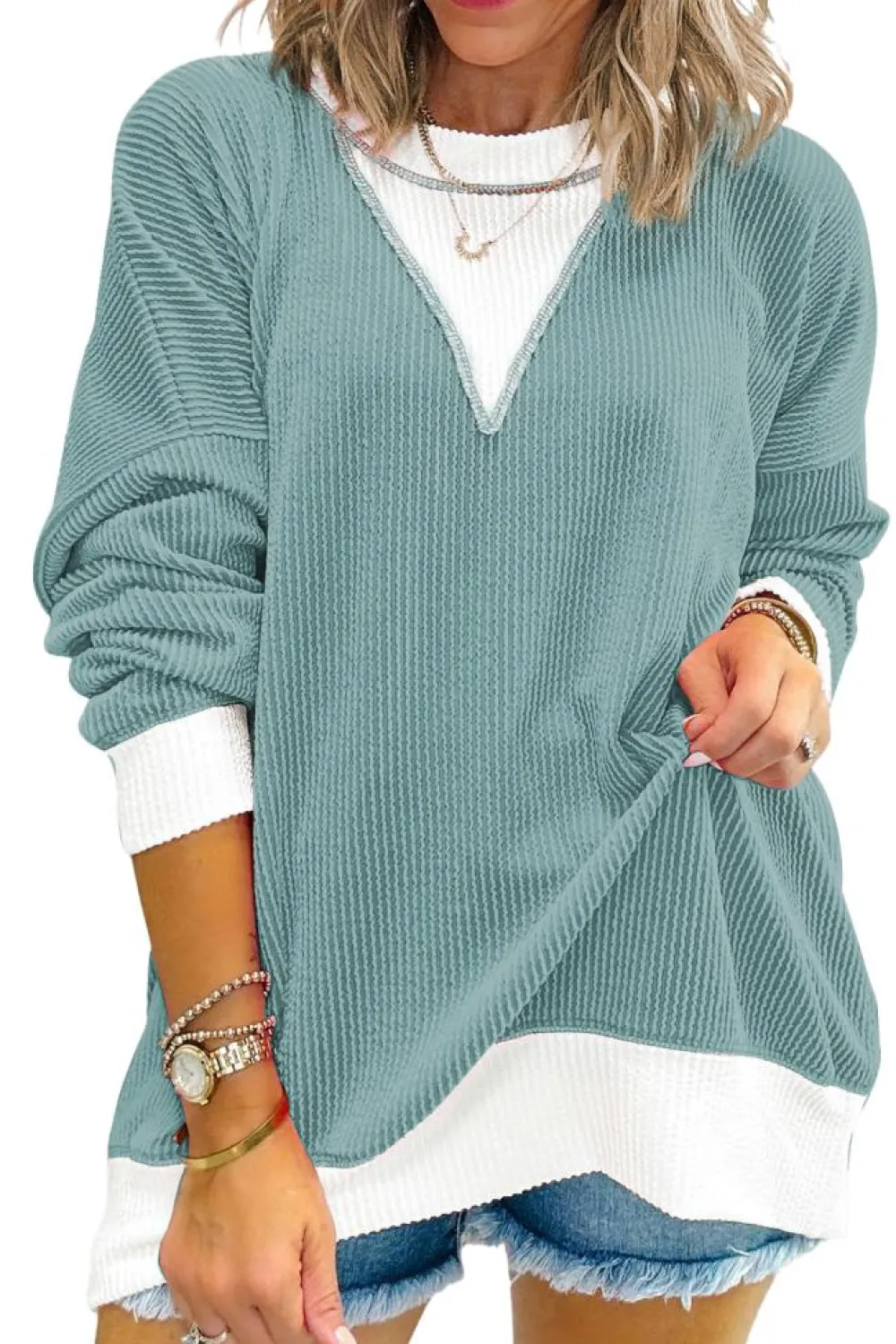 Clearance Dear-Lover Corded Colorblock Drop Shoulder Loose Top Light Blue