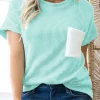 Sale Dear-Lover Corded Knit Color Block Pocketed Crew Neck T Shirt Light Blue