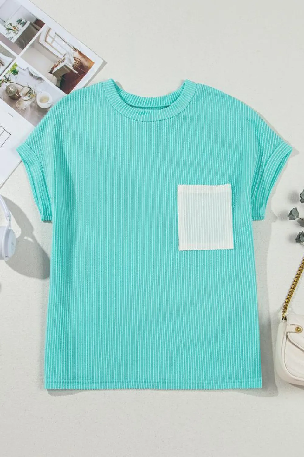 Sale Dear-Lover Corded Knit Color Block Pocketed Crew Neck T Shirt Light Blue
