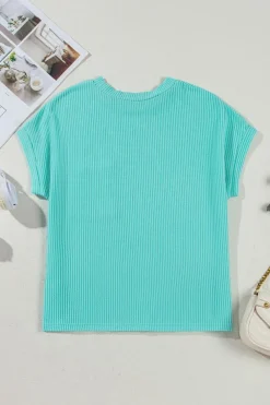 Sale Dear-Lover Corded Knit Color Block Pocketed Crew Neck T Shirt Light Blue