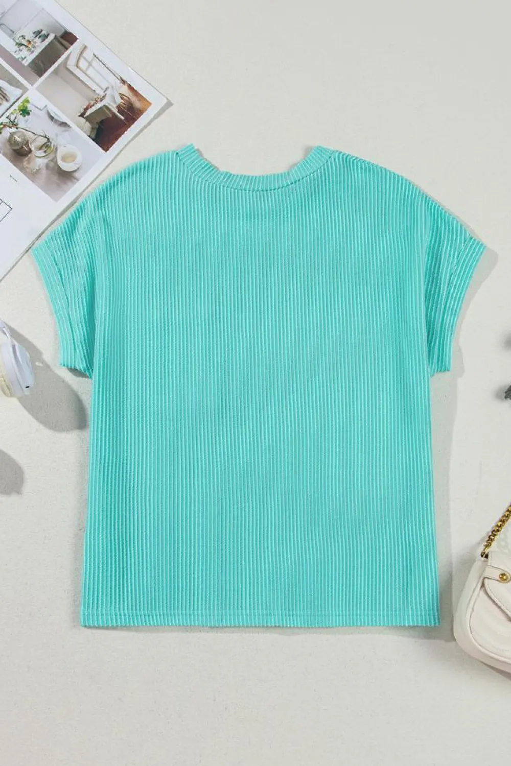 Sale Dear-Lover Corded Knit Color Block Pocketed Crew Neck T Shirt Light Blue