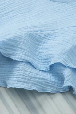 Sale Dear-Lover Crinkled Cotton Gauze Ruffle Sleeve Blouse Light Blue