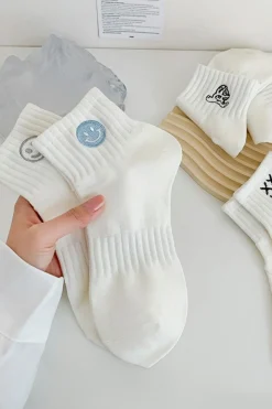 Discount Dear-Lover Cute Smile Face Embroidered Cotton Socks Light Blue