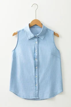Fashion Dear-Lover Denim Collared Sleeveless Shirt Light Blue