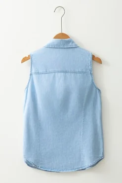 Fashion Dear-Lover Denim Collared Sleeveless Shirt Light Blue