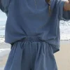 Clearance Dear-Lover Denim Cuffed Sleeve Tee Elastic Shorts Set Light Blue