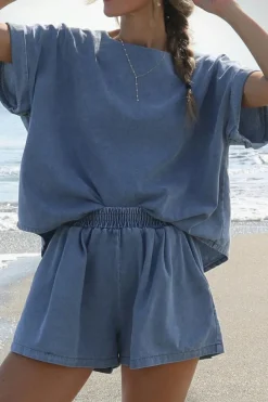 Clearance Dear-Lover Denim Cuffed Sleeve Tee Elastic Shorts Set Light Blue
