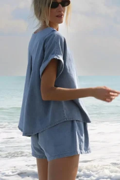 Clearance Dear-Lover Denim Cuffed Sleeve Tee Elastic Shorts Set Light Blue