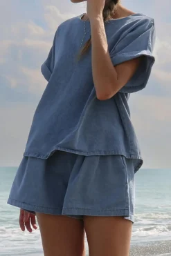 Clearance Dear-Lover Denim Cuffed Sleeve Tee Elastic Shorts Set Light Blue